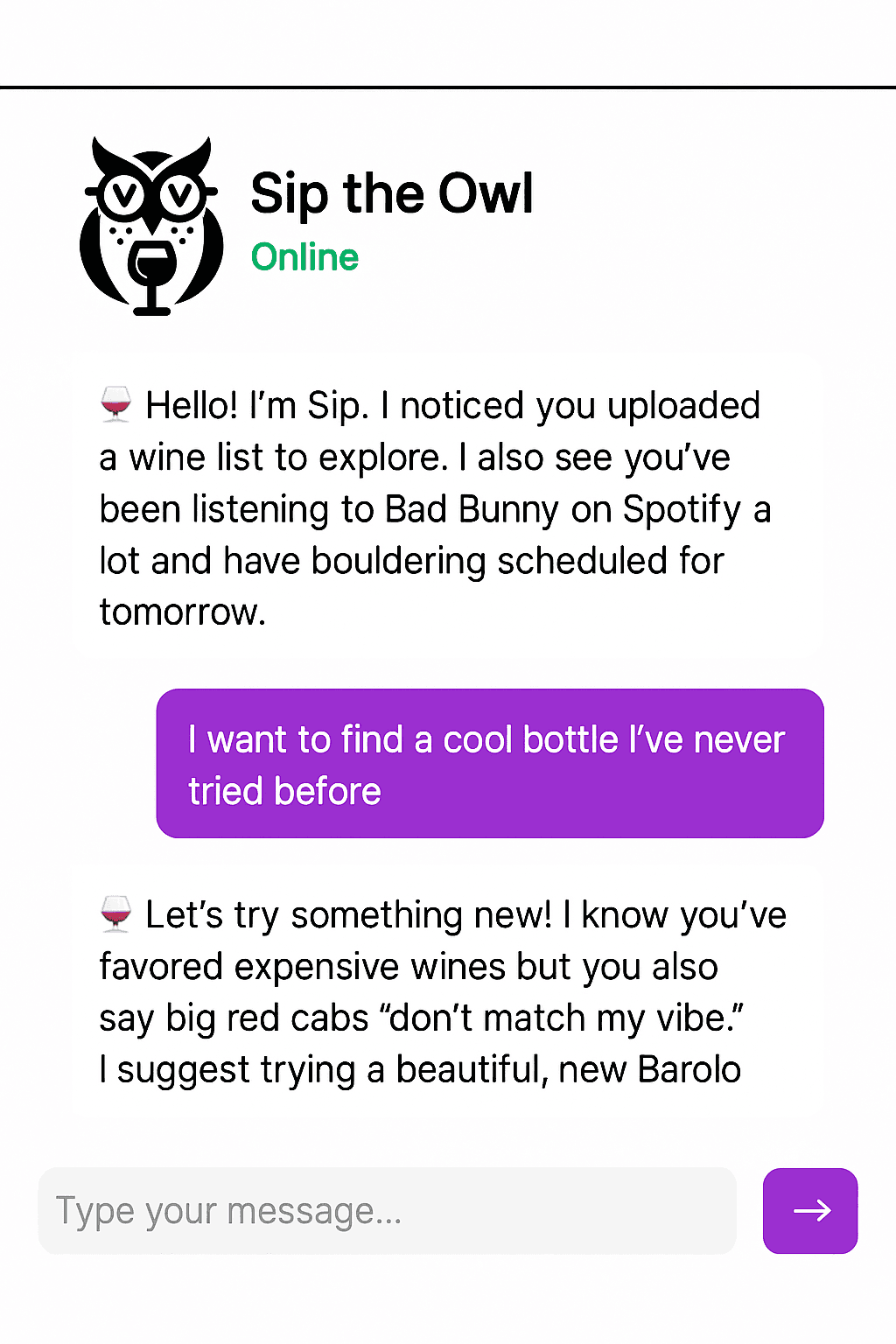 Sip the Owl chat interface showing wine pairing conversation